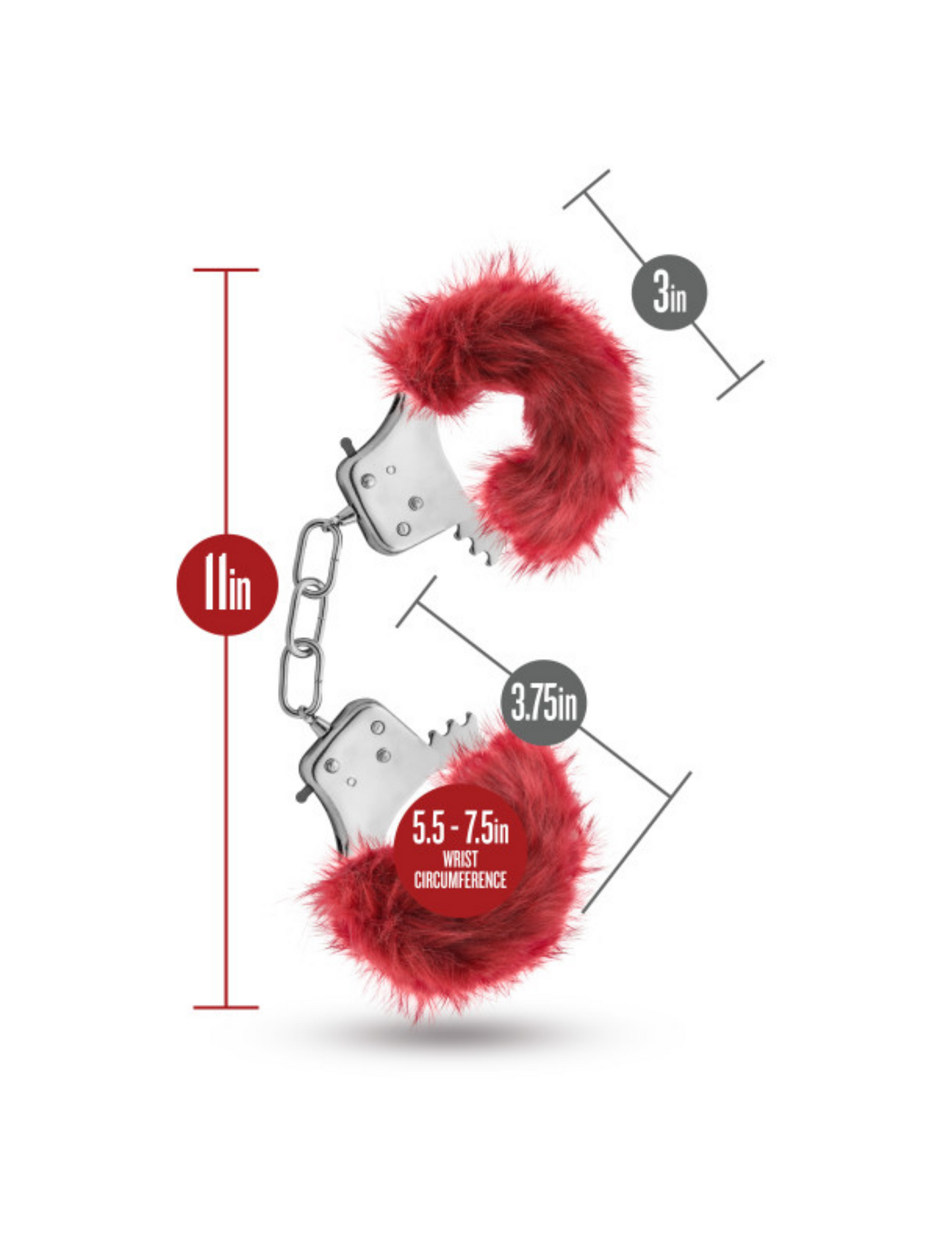 Image shows the dimensions of the furry cuffs: 11in L, 3.75 per cuff, 5.5-8in adjustable cuffs, 3in resting circumference