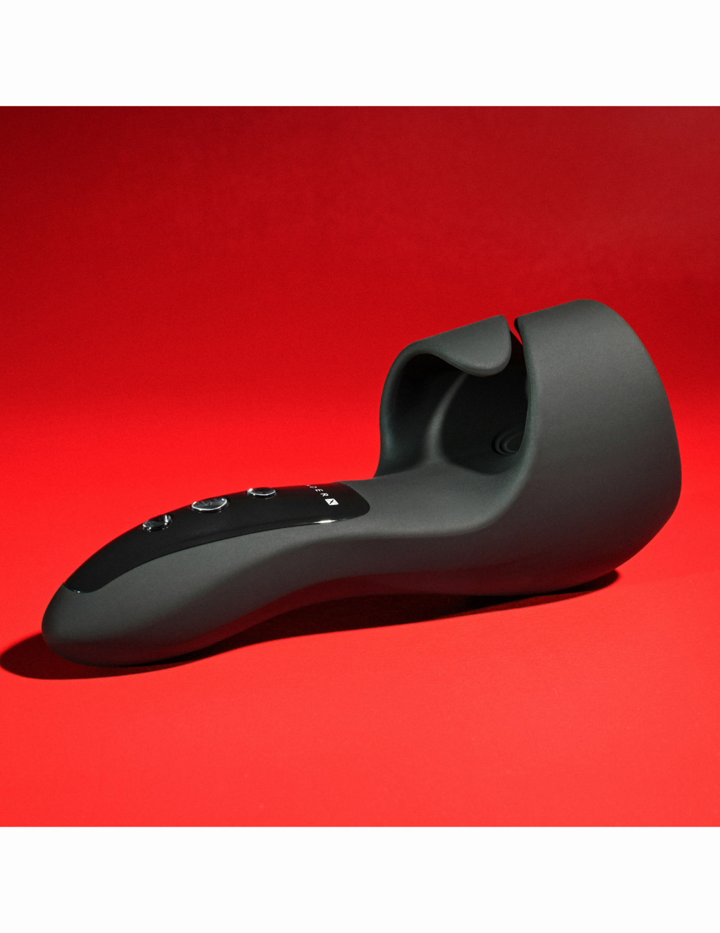 Side angle view of the Evolved Gender X Embrace Vibrating Stroker.