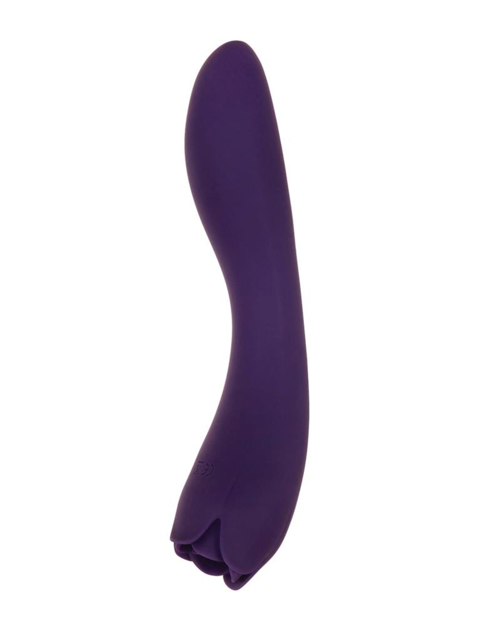 Side view of the Thorny Rose Rechargeable Silicone Dual-Ended Vibrator and Clitoral Flicker from Evolved shows its curved shape and flower petal flickers.