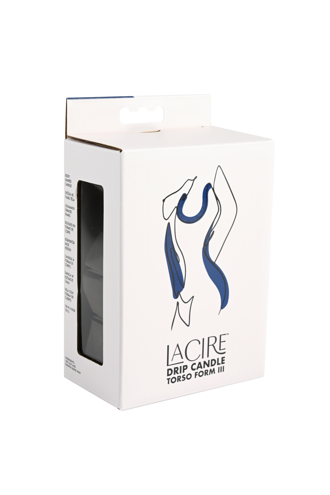 Side angle of the box that the LaCire Torso Candle from Sportsheets (form 3/blue) comes in.