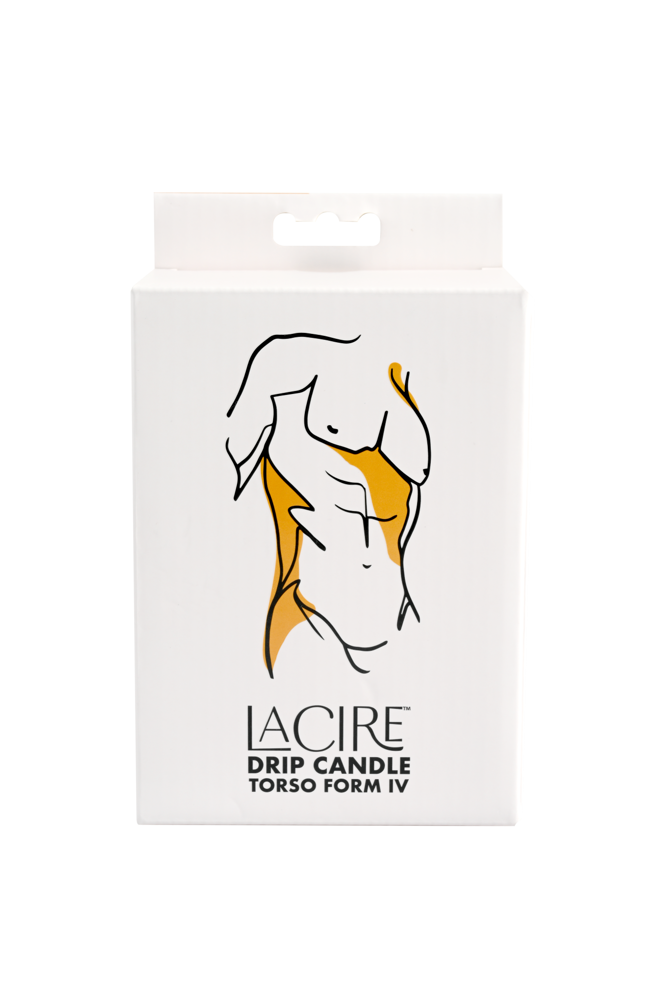 Photo of the front of the box for the aCire Torso Candle from Sportsheets (form 4/gold).