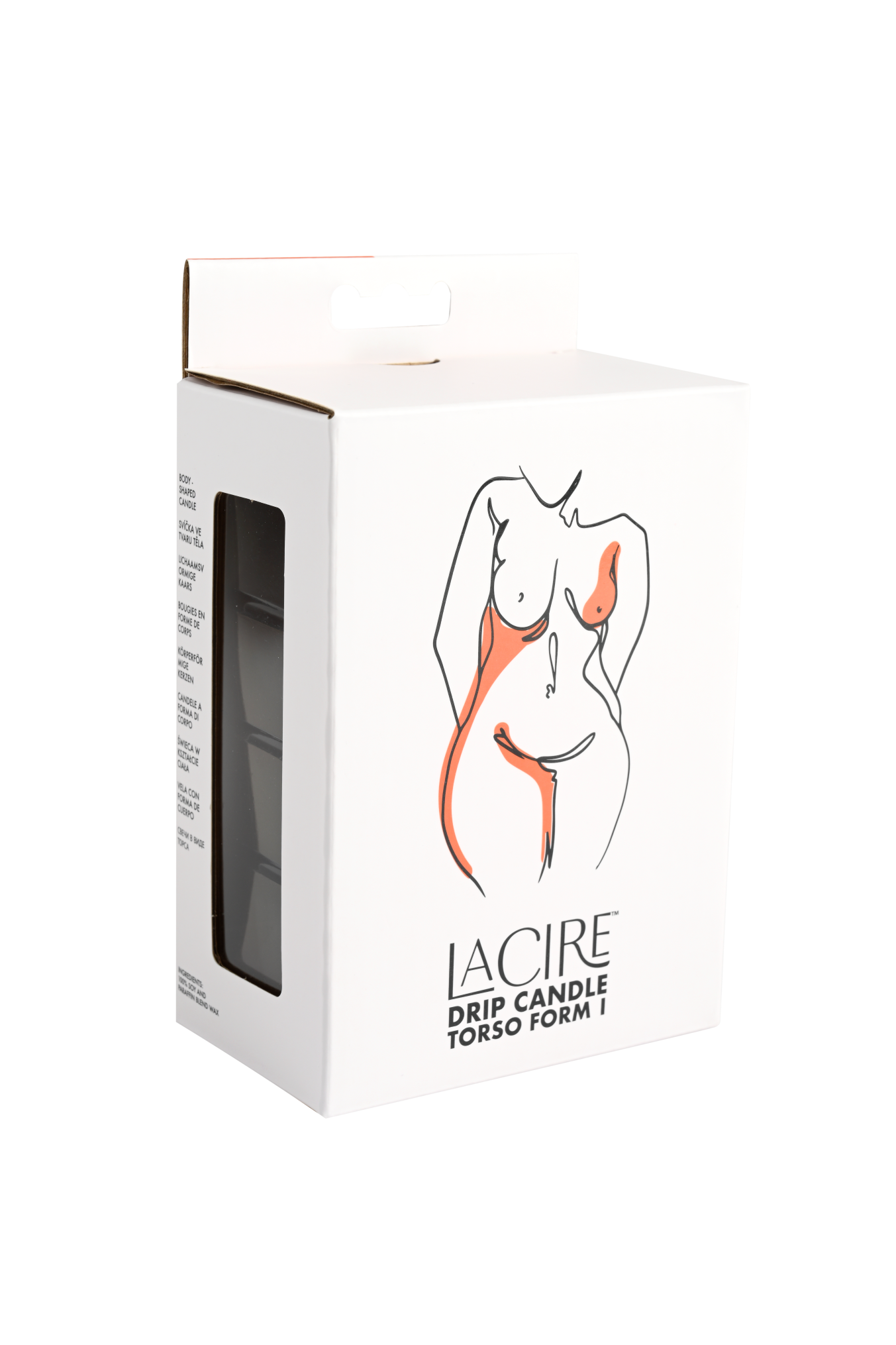 Photo of the side angle of the box for the LaCire Torso Candle from Sportsheets (form 1/orange).
