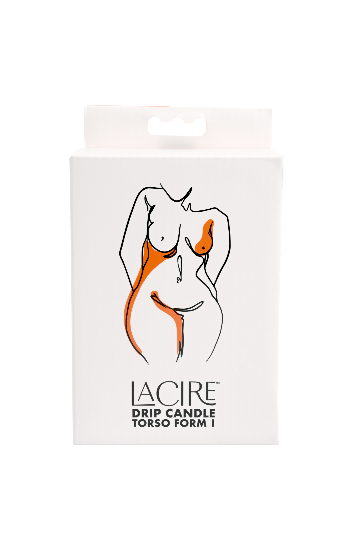 Photo of the front of the box for the LaCire Torso Candle from Sportsheets (form 1/orange).