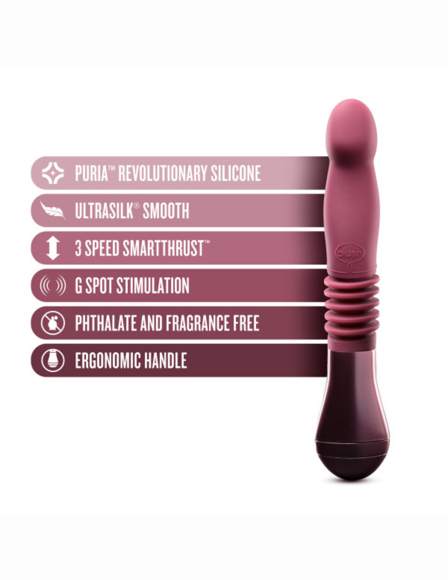 Image of Temptasia with its various features - Trixie Rechargeable Silicone Thrusting Dildo - (Wine)