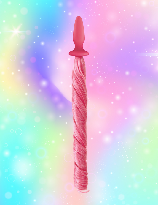 Photo of the Unicorn Tails Anal Plug from NS Novelties (pink) shows the length of the tail.