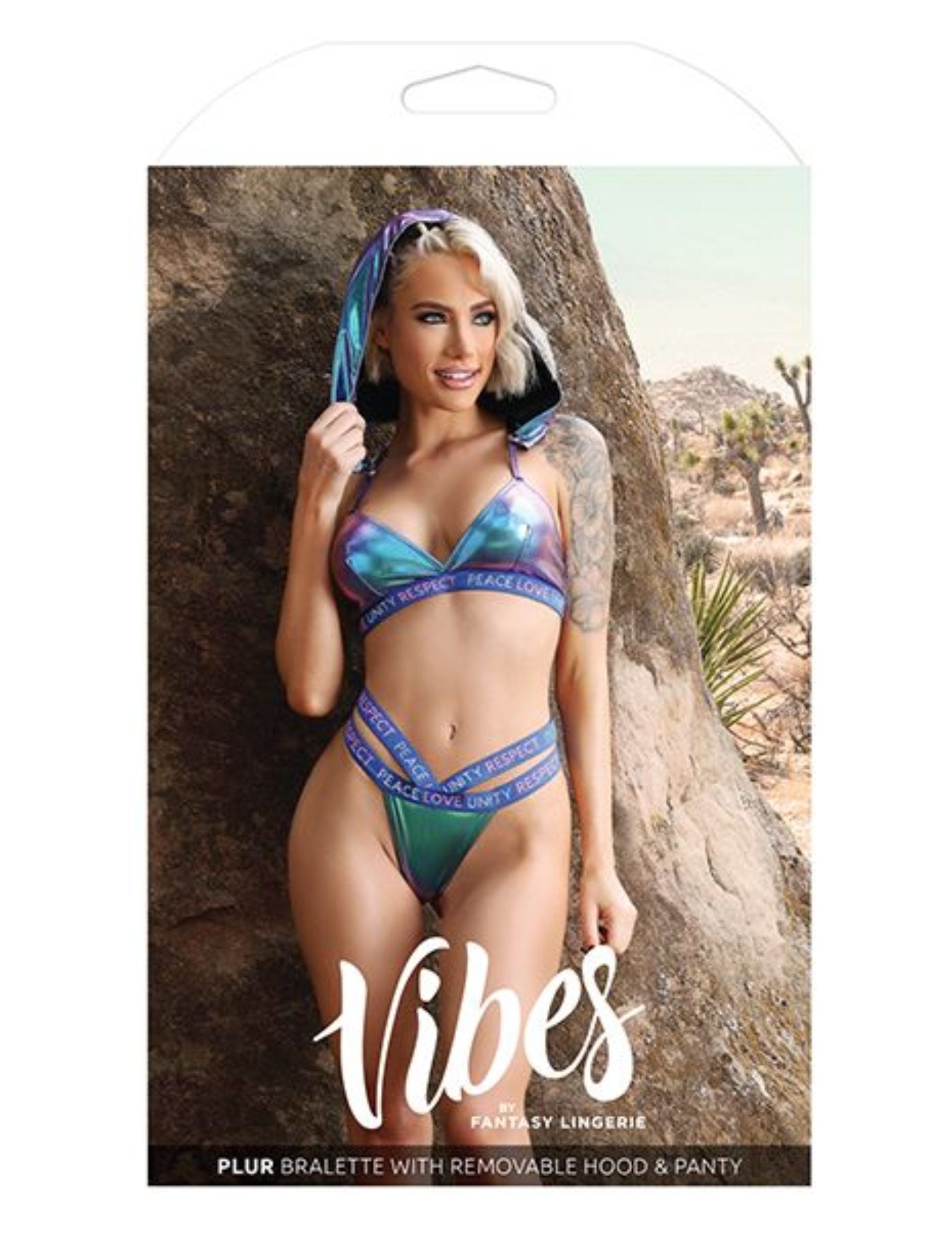 Photo of the front of the box for the Vibes Plur Bralette w/ Removeable Hood and Panty Set from Fantasy Lingerie (S-XL).