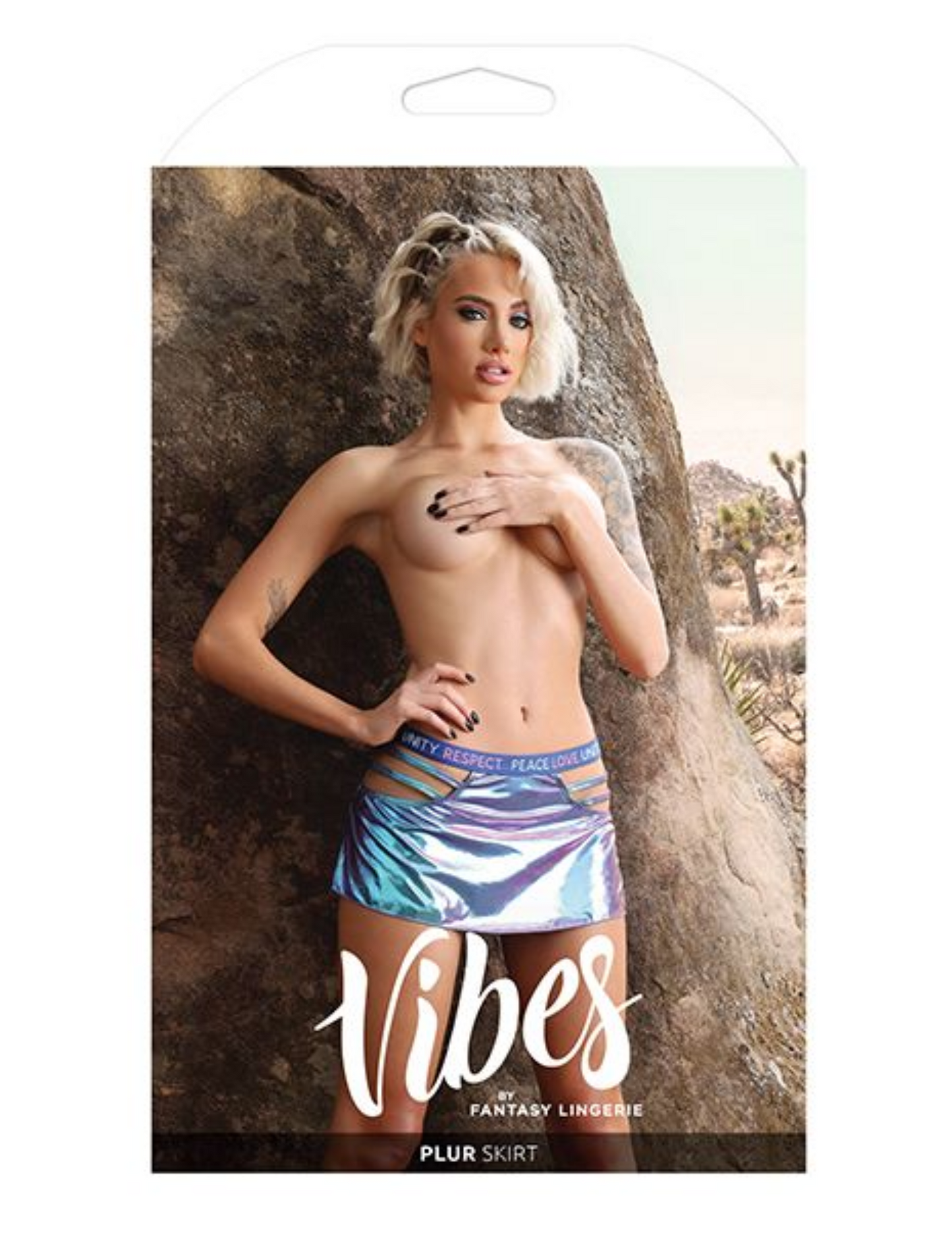 Photo of the front of the box for the Vibes Plur Iridescent Skirt from Fantasy Lingerie (S-XL).