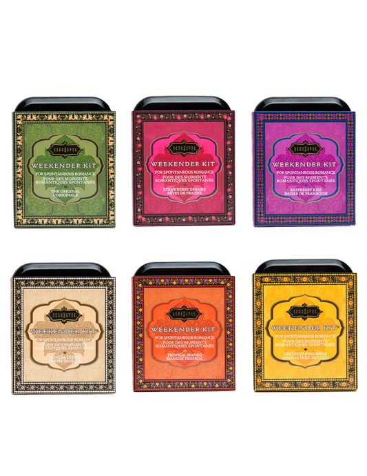 Group image of all of the flavors of the Kama Sutra Weekender Kits.
