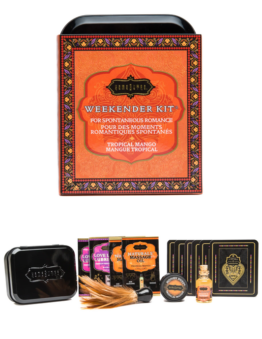 Photo of the Kama Sutra Weekender Kit and all that is included: honey dust, oil of love, massage oil, feather, lubricant and erotic play cards. Tropical Mango.