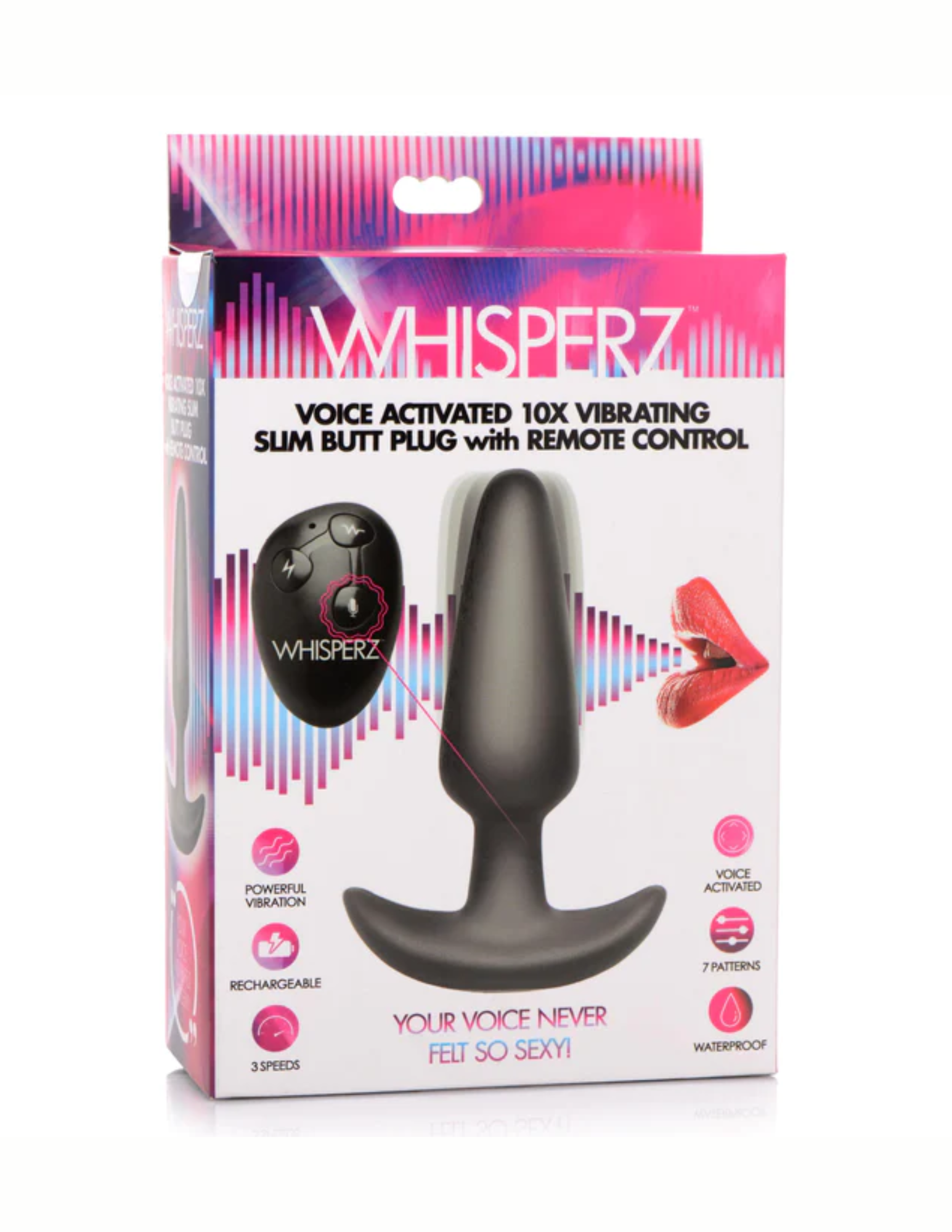 Whisperz Voice Activated 10X Vibrating Slim Butt Plug with Remote Control in package.