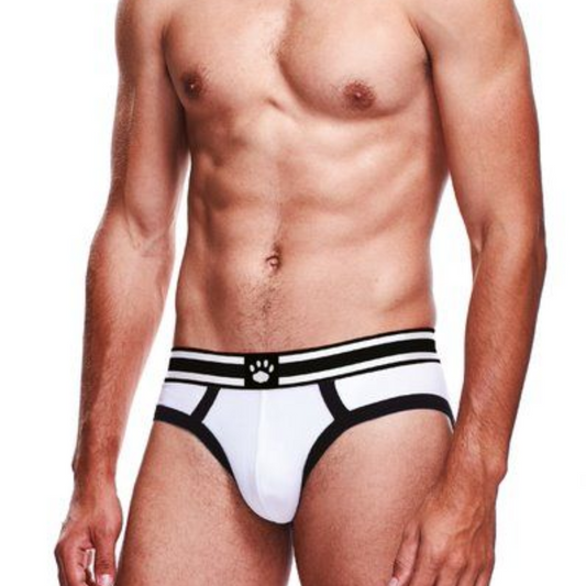Photo of a model wearing the Prowler Briefs (white/black).