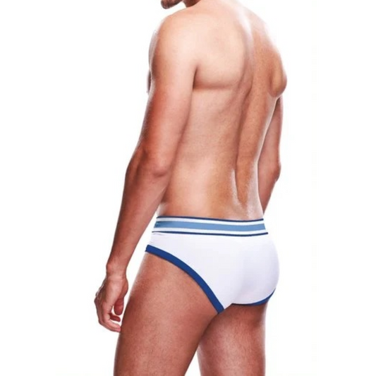 Photo of the back of a model wearing the Prowler Briefs (white/blue).