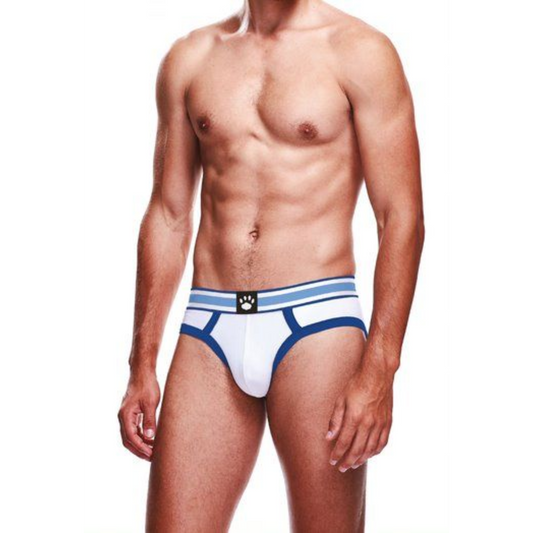 Photo of a model wearing the Prowler Briefs (white/blue).