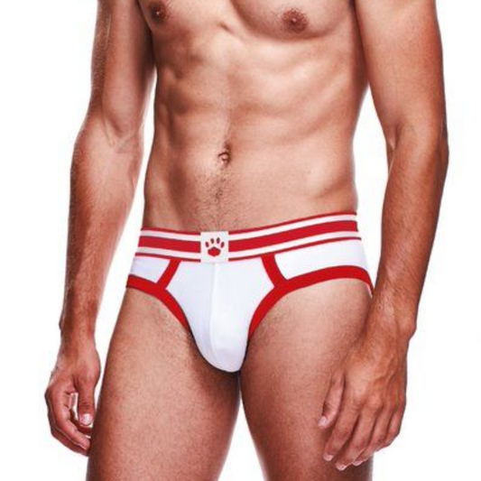 Photo of a model wearing the Prowler Brief (white/red).
