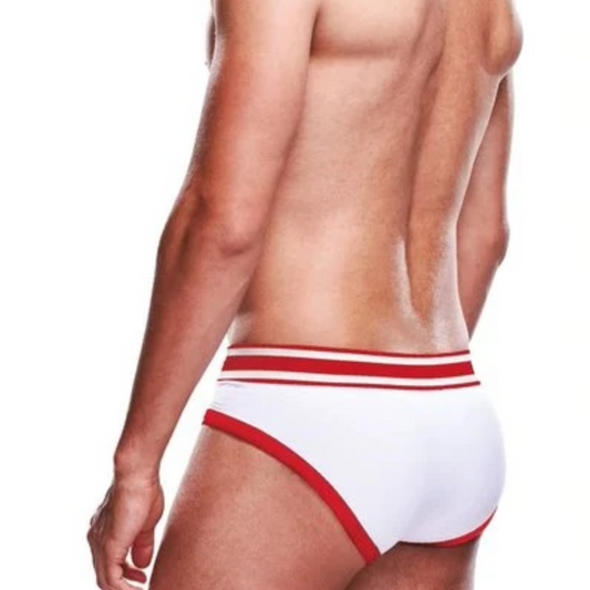 Photo of the back of a model wearing the Prowler Brief (white/red).