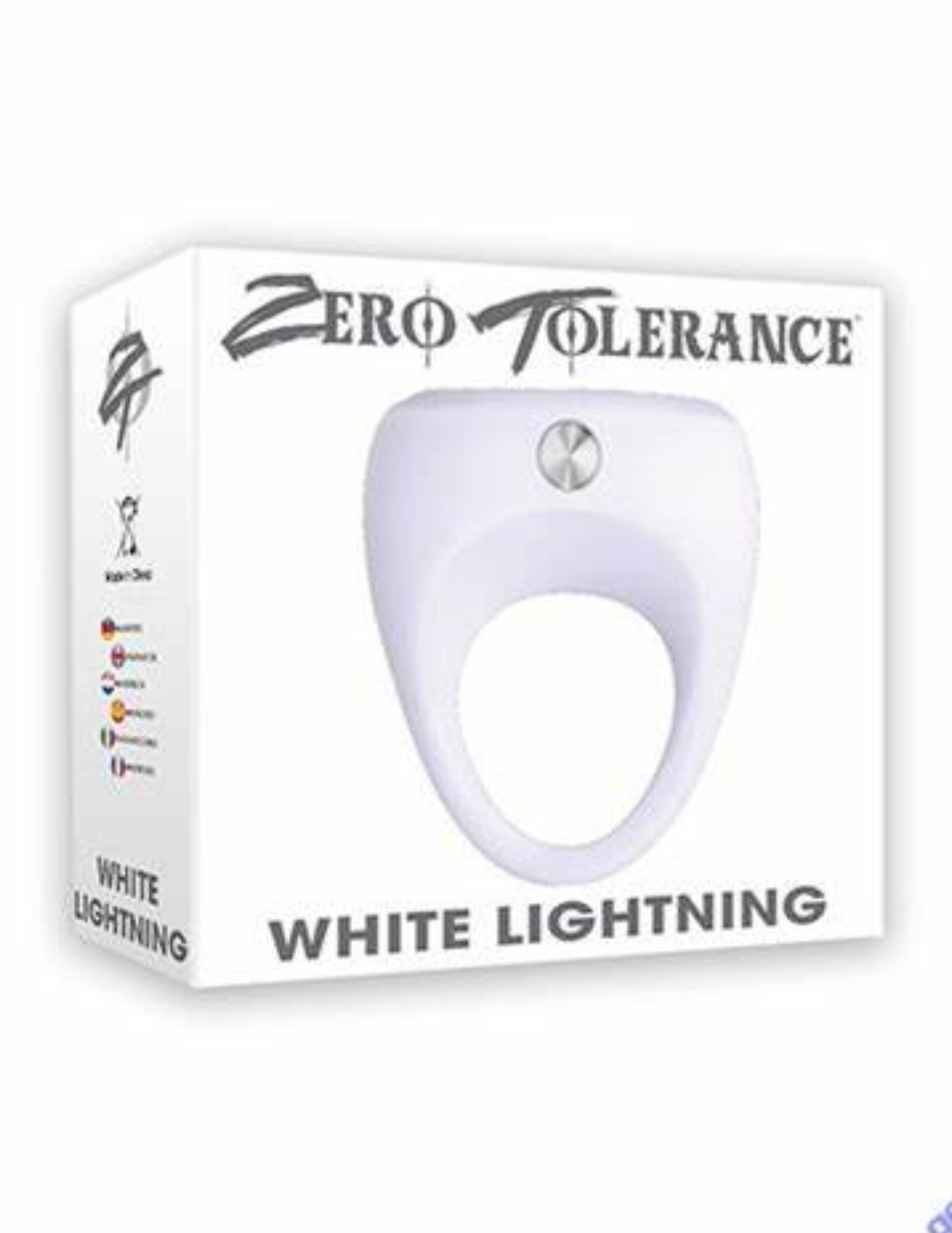 Front of the box for the White Lightning Cock Ring from Zero Tolerance.