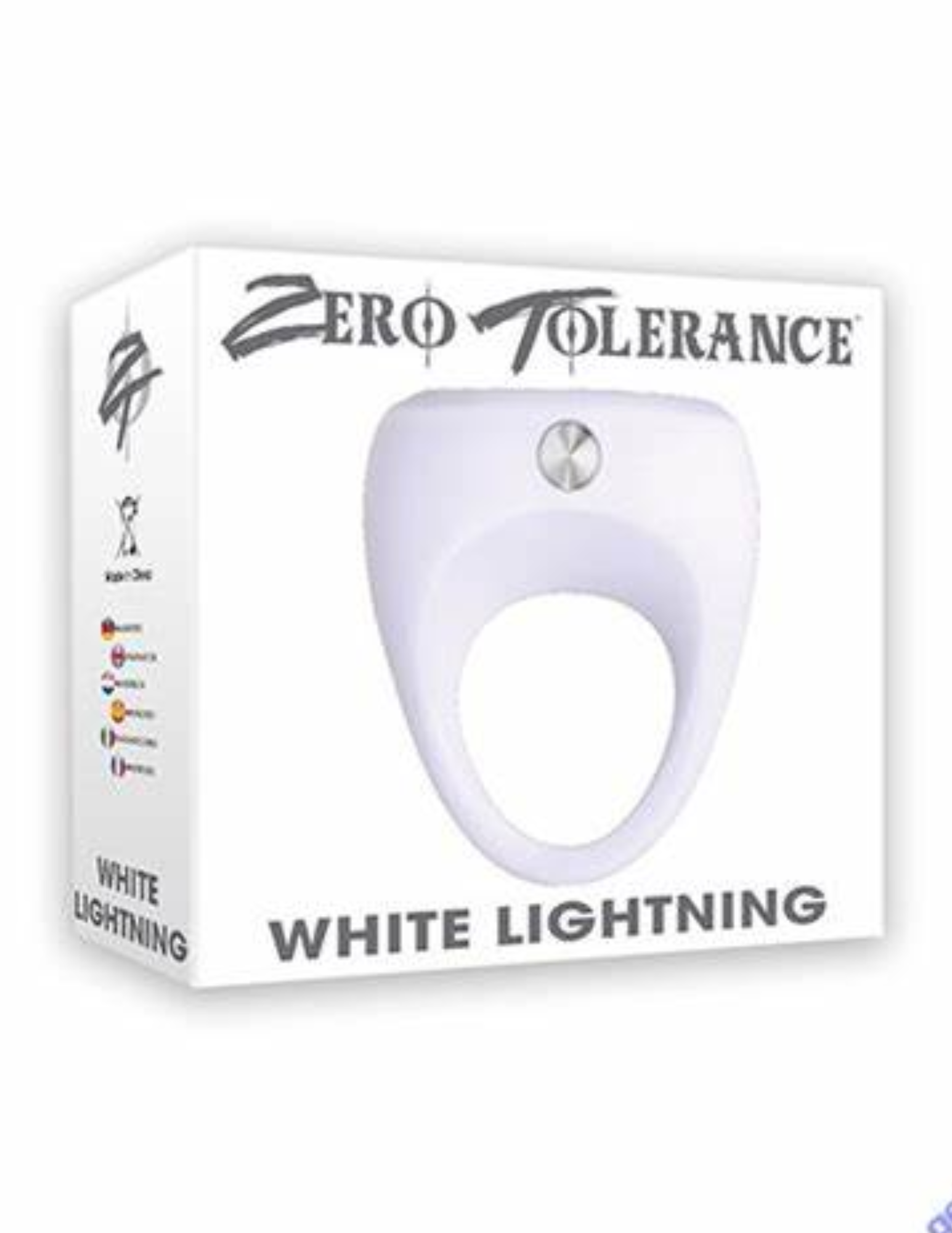 Front of the box for the White Lightning Cock Ring from Zero Tolerance.