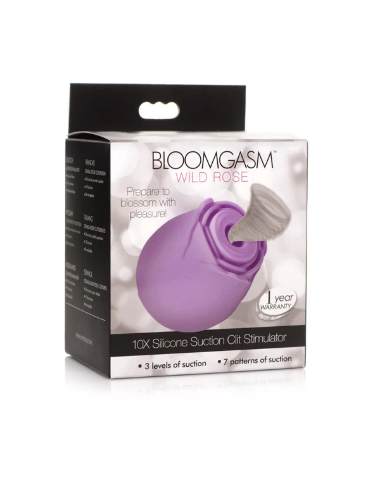 Bloomgasm Wild Rose 10X Silicone Suction Clit Stimulator (purple) in package.