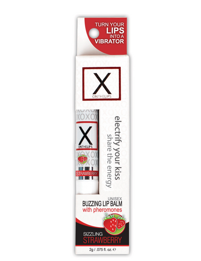 Close-up of the Sizzling Strawberrry flavor lip balm in its package.
