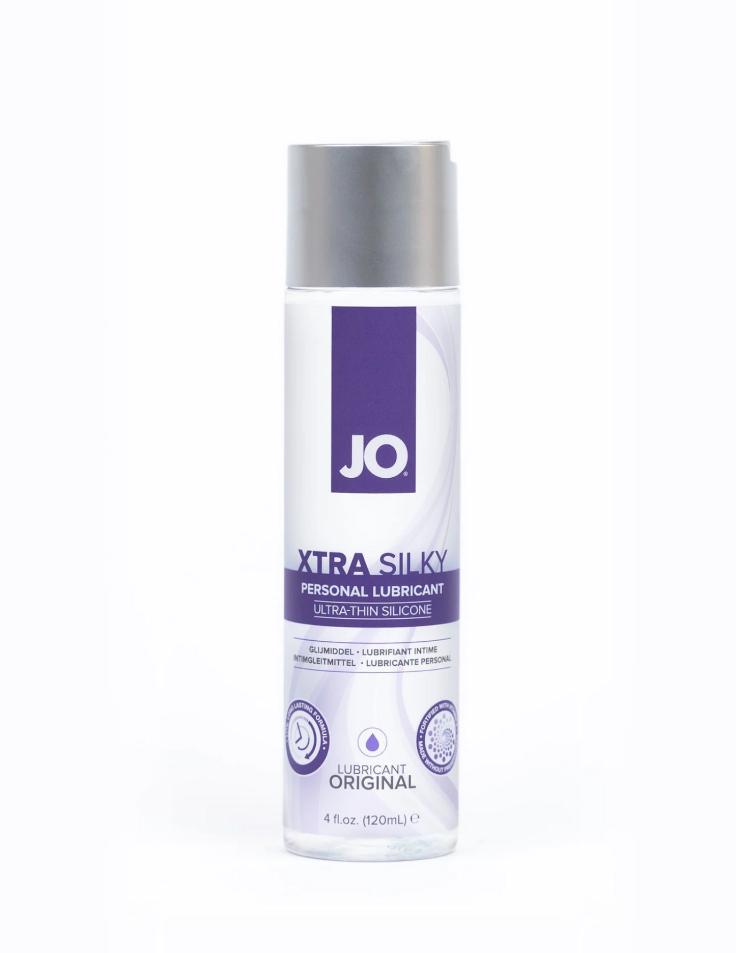 Photo of the front of the bottle of JO Xtra Silky Thin Silicone Lubricant, 4oz.