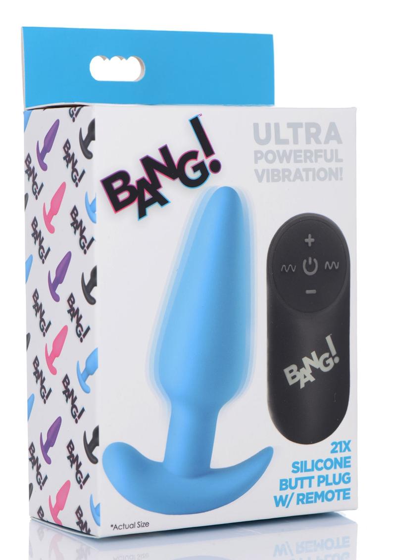 Bang! 21x Vibrating Silicone Rechargeable Butt Plug with Remote Control - Blue