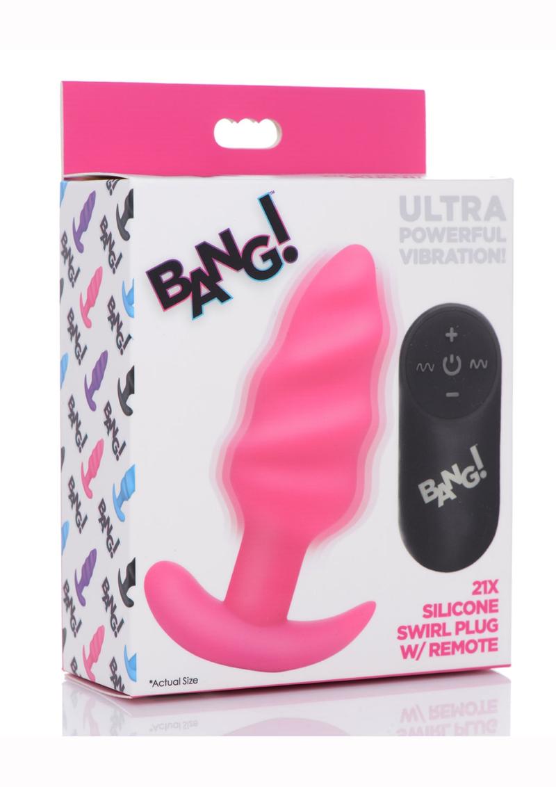 Bang! 21x Vibrating Silicone Rechargeable Swirl Butt Plug with Remote Control - Pink