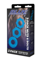 Load image into Gallery viewer, Blue Line Nuts and Bolts Stretch Cock Ring - Blue - 3 Pack
