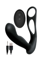 Load image into Gallery viewer, Butts Up Rechargeable Silicone Prostate Massager with Scrotum and Cock Ring - Black

