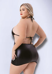 Criss Cross Wetlook Halter Mini Dress-Q