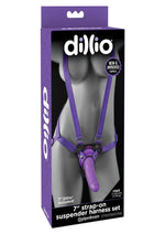 Load image into Gallery viewer, Dillio Strap-On Suspender Harness Set with Silicone Dildo - Black/Purple - 7in