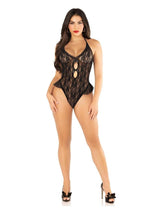 Load image into Gallery viewer, Floral Lace Halter Bodysuit with Mini Bow and Flutter Accent - Black - One Size
