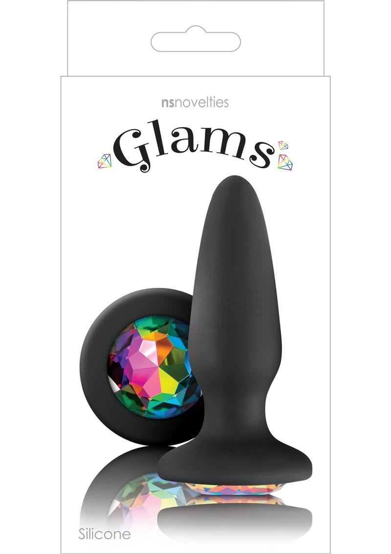 Glams Silicone Butt Plug - Black/Black Rainbow Gem/Multicolor