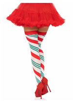 Load image into Gallery viewer, Holiday Ribbon Thigh High - Green/Red/White - One Size
