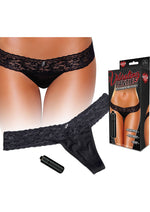 Load image into Gallery viewer, Hustler Toys Vibrating Panties Panty Vibe Lace Thong with Hidden Vibe Pocket - Black - Large/Medium
