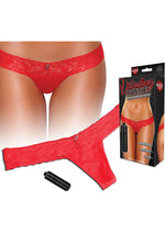 Load image into Gallery viewer, Hustler Toys Vibrating Panties Panty Vibe Lace Thong with Hidden Vibe Pocket - Red - Medium/Small

