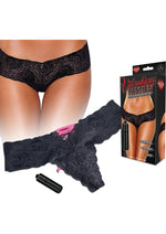 Load image into Gallery viewer, Hustler Toys Vibrating Panties Panty Vibe Lace Up Back Thong with Hidden Vibe Pocket - Black - Large/Medium
