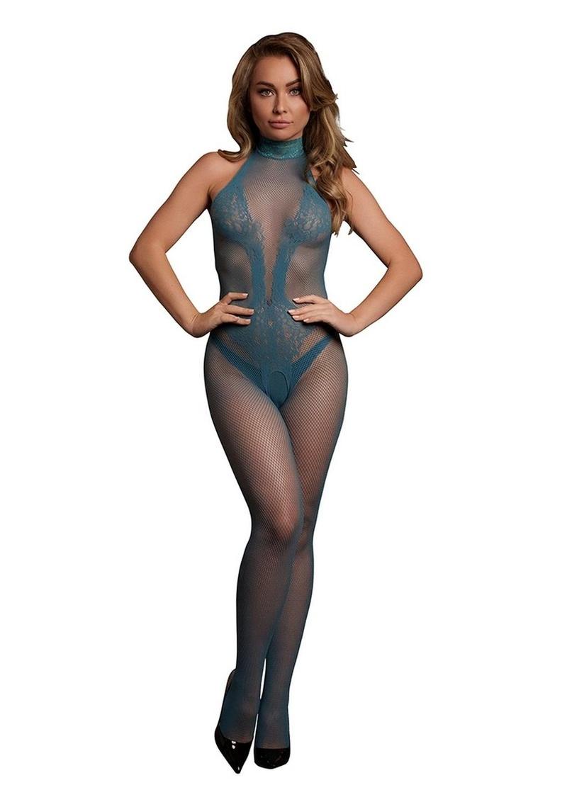 Le Desir Fishnet and Lace Bodystocking - Blue - One Size