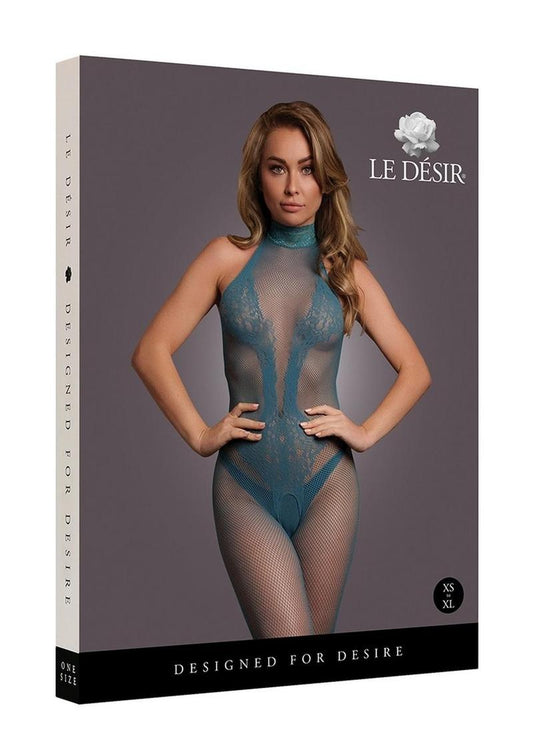 Le Desir Fishnet and Lace Bodystocking - Blue - One Size