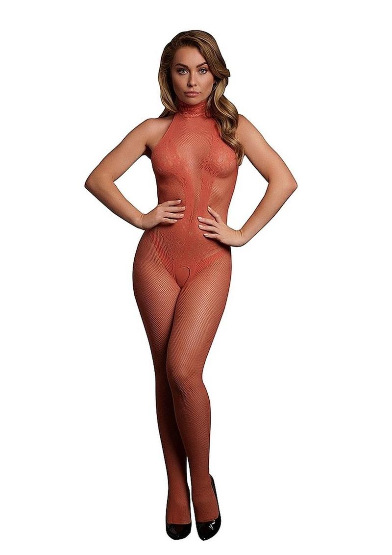 Le Desir Fishnet and Lace Bodystocking - One Size - Sunset Glow - Orange - One Size