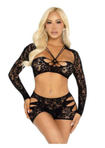 Load image into Gallery viewer, Leg Avene Lace Cut-Out Bra Top, Attached Shrug, and Boy Shorts - Black - One Size - 2 Piece
