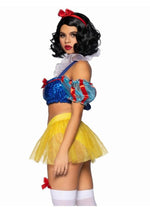Load image into Gallery viewer, Leg Avenue Bad Apple Snow White, Shimmer Halter Bandeau with Organza Puff Sleeves and Ruffle Collar, Garter Panty with Shimmer Sheer Skirt, and Matching Bow Headband - Multicolor - XSmall - 3 Piece