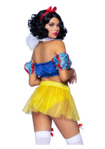 Load image into Gallery viewer, Leg Avenue Bad Apple Snow White, Shimmer Halter Bandeau with Organza Puff Sleeves and Ruffle Collar, Garter Panty with Shimmer Sheer Skirt, and Matching Bow Headband