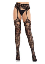 Load image into Gallery viewer, Leg Avenue Bloom Net Stockings with Cut-Out Thigh Detail and Attached Garter Belt

