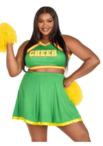 Load image into Gallery viewer, Leg Avenue Bring It Baddie Set Top with Cheer Logo, Pleated Skirt and Pom Pom (3 Piece) - 1x/2x - Green
