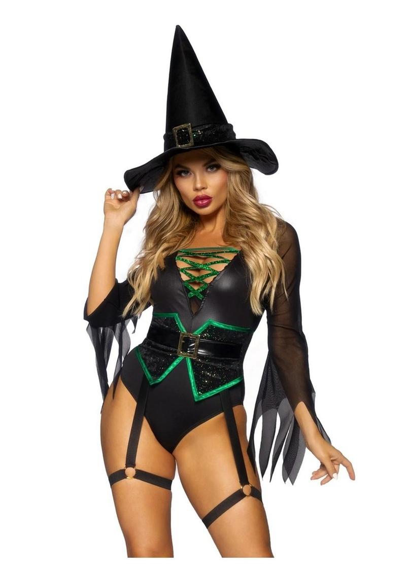 Leg Avenue Broomstick Babe Bodysuit with Lace Up Deep-V and Waist Cincher Buckle Accent, Attached Garters, and Witch Hat - Black - Large - 2 Piece