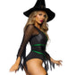 Leg Avenue Broomstick Babe Bodysuit with Lace Up Deep-V and Waist Cincher Buckle Accent, Attached Garters, and Witch Hat - Black - Small - 2 Piece