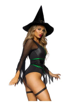 Load image into Gallery viewer, Leg Avenue Broomstick Babe Bodysuit with Lace Up Deep-V and Waist Cincher Buckle Accent, Attached Garters, and Witch Hat - Black - Small - 2 Piece