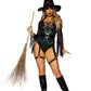 Leg Avenue Broomstick Babe Bodysuit with Lace Up Deep-V and Waist Cincher Buckle Accent, Attached Garters, and Witch Hat