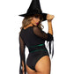 Leg Avenue Broomstick Babe Bodysuit with Lace Up Deep-V and Waist Cincher Buckle Accent, Attached Garters, and Witch Hat