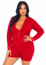Load image into Gallery viewer, Leg Avenue Brushed Rib Romper Long Johns with Cheeky Snap Closure Back Flap - Red - Queen/XLarge/XXLarge
